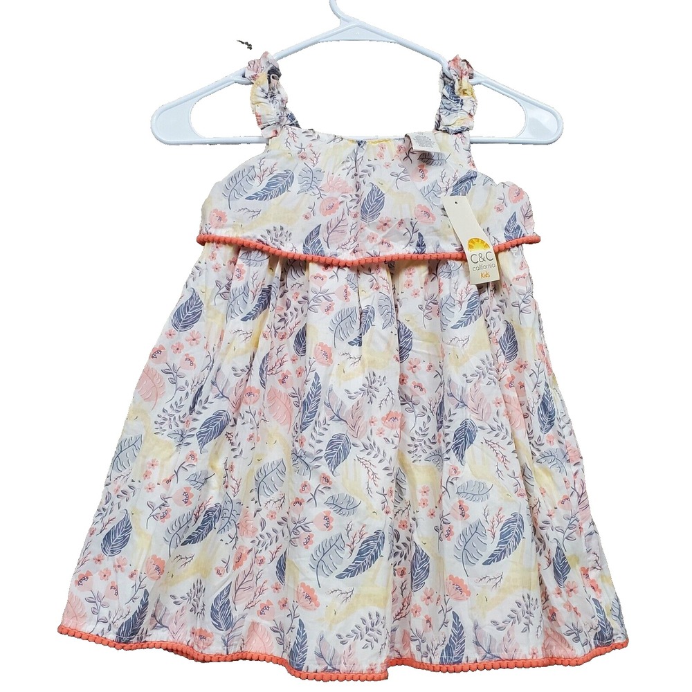 C&C California Dress Baby Kids 4T Floral Pleated Ruffle Strap Pom‎ Pom Trim